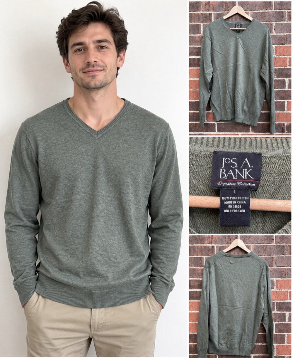 Preppy Old Money Jos. A. Bank Mens V-Neck Sweater Size L Olive Green Pima Cotton